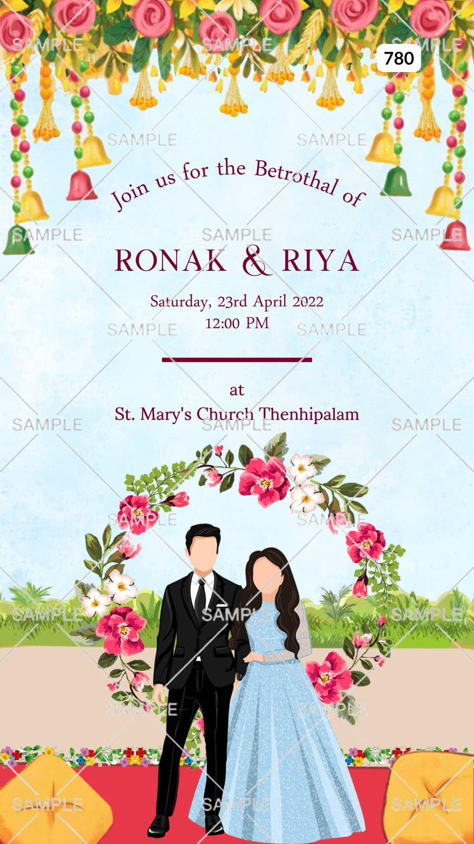Betrothal ceremony invitation card for Catholic family in english language with stylish couple doodle, flowers frame as garden theme Canva Editable Template design 780
