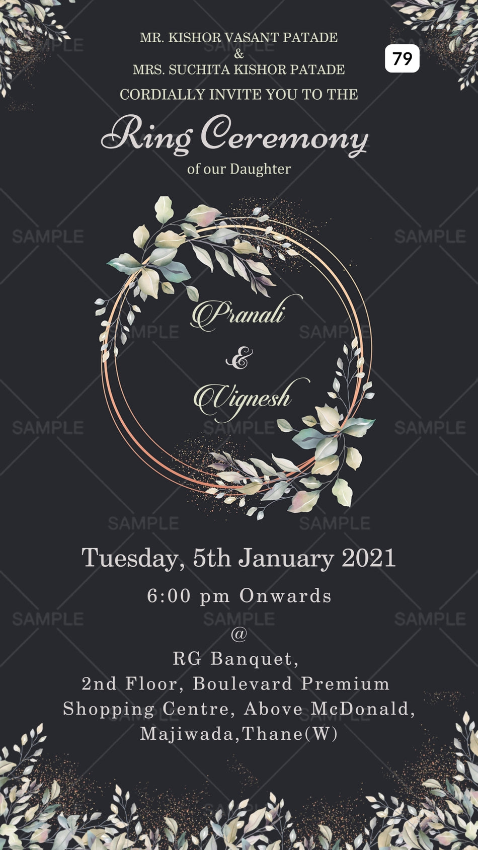Engagement ceremony invitation card Canva Editable Template in english language with round frame as artistic leaves theme design 79