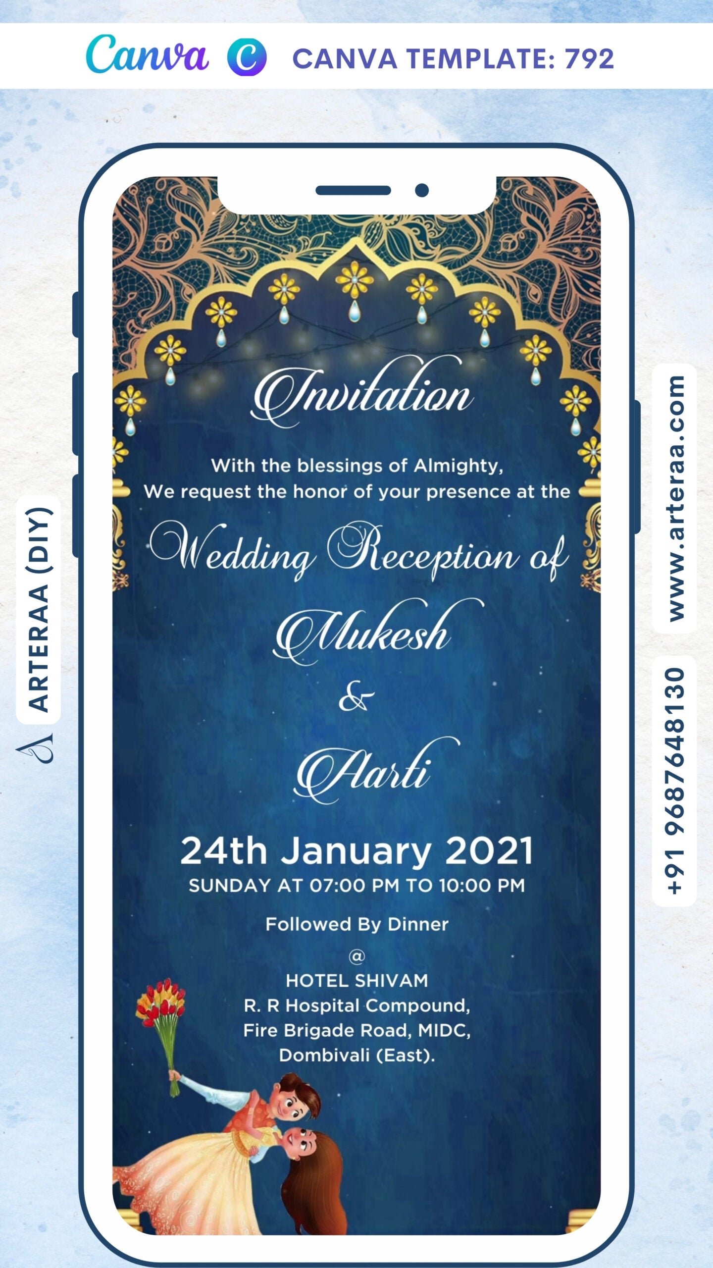 Wedding ceremony invitation card Canva Editable Template of hindu maharashtrian marathi family in english language with Arch theme design 792