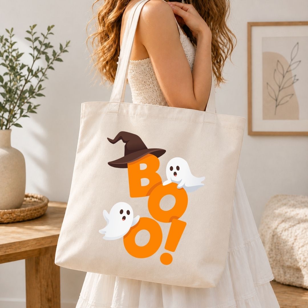 Woman holding a canvas tote bag printed with an orange "BOO!" Halloween text, witch hat, and ghost graphic.