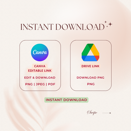 Promotional graphic for instant download options with Canva and Google Drive logos on a soft pink background.