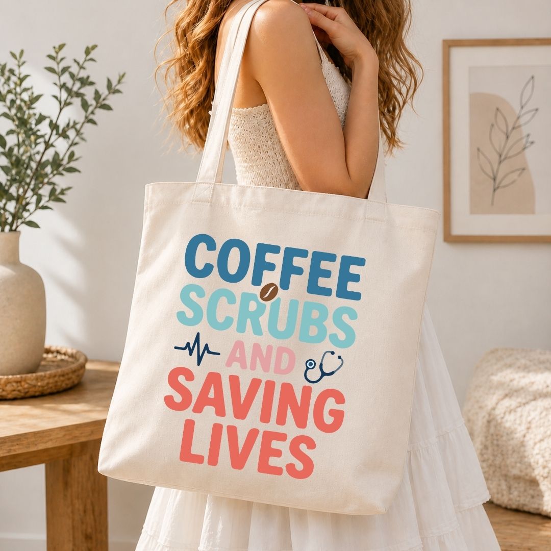 A woman wearing a white dress carries a cream canvas tote bag with the text 'COFFEE SCRUBS AND SAVING LIVES' in blue, light blue, and coral pink lettering, set in a bright, modern room.