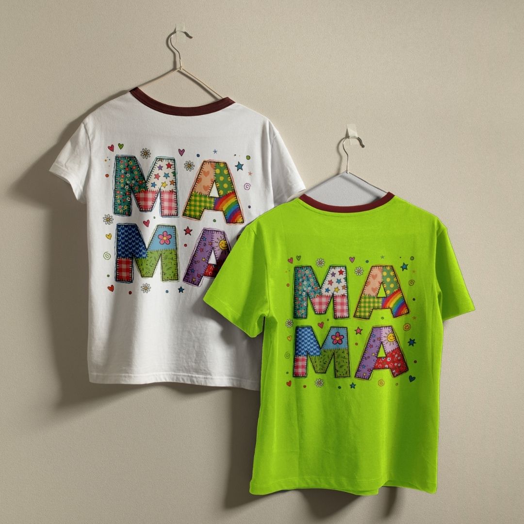 Two t-shirts with 'MAMA' text design on hangers against a beige background