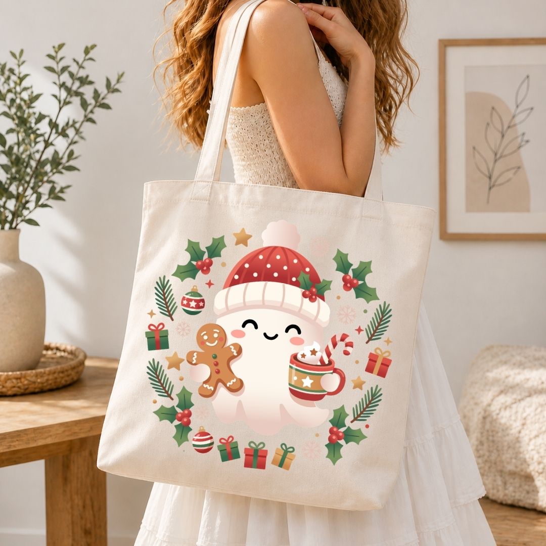 A woman holds a cream canvas tote bag decorated with a cute cartoon snowman wearing a red Santa hat, surrounded by holiday holly, gingerbread cookies, gifts, and a mug. The scene is set in a warm, brightly lit room with a wooden table, potted plant, and framed wall art in the background.