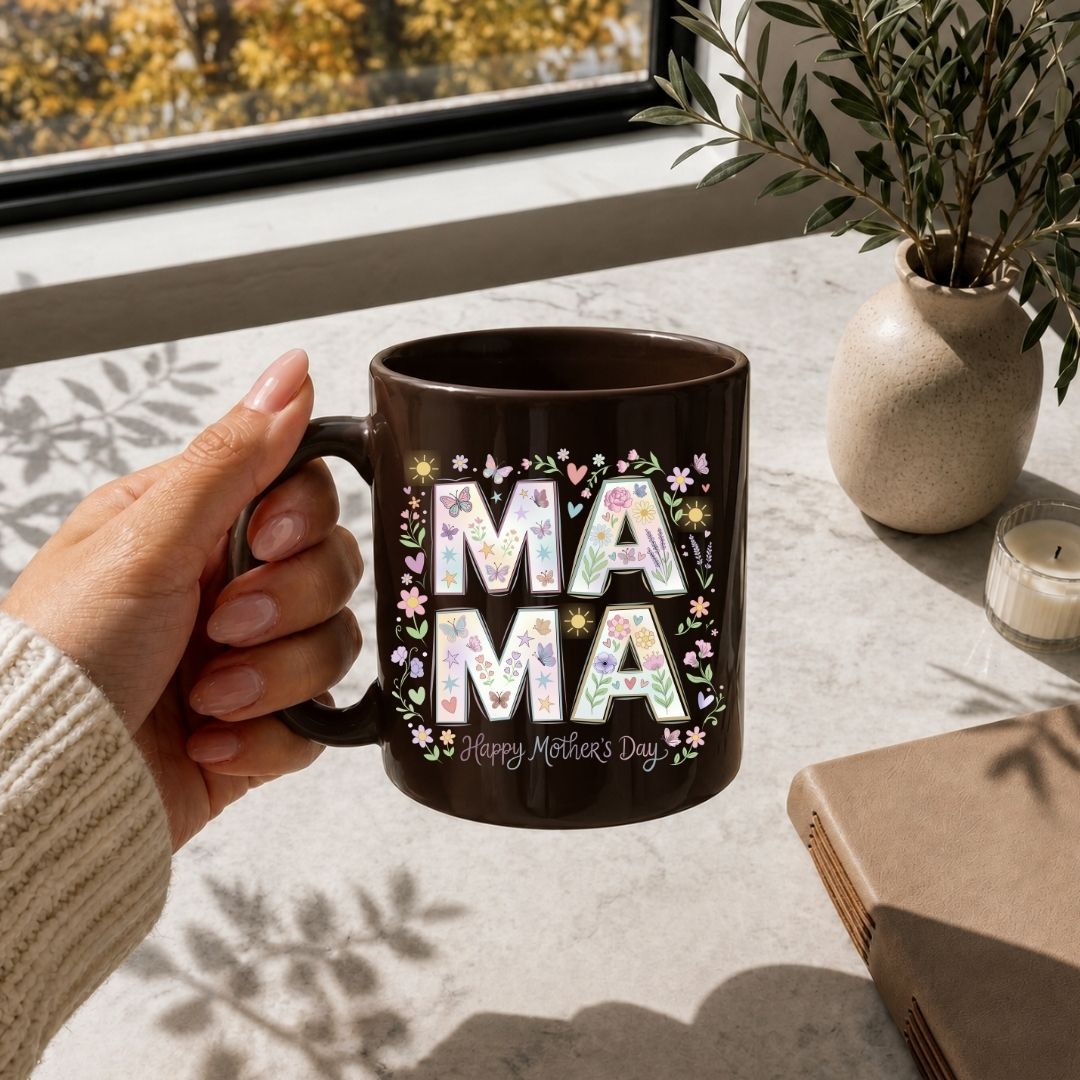 Hand holding a 'MAMA' mug with floral design on a table with a notebook and plant.