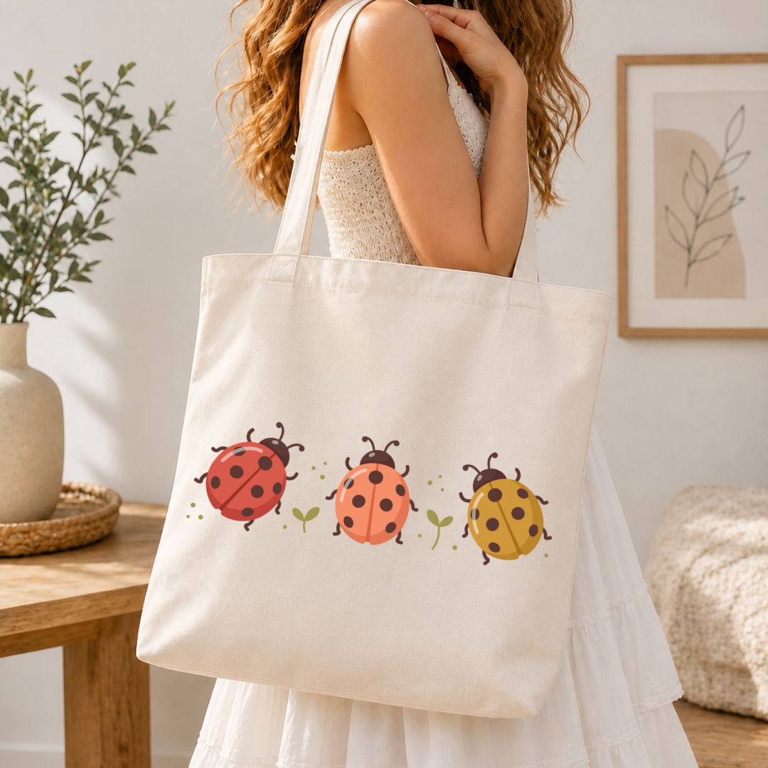 A woman in a white dress carries a cream canvas tote bag with a colorful ladybug print, set in a bright, modern room with a wooden table and framed art in the background.