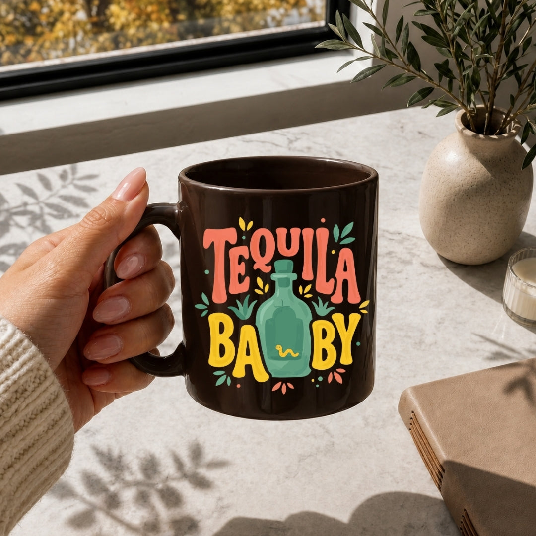 Person holding a mug with 'Tequila Baby' text in a home setting