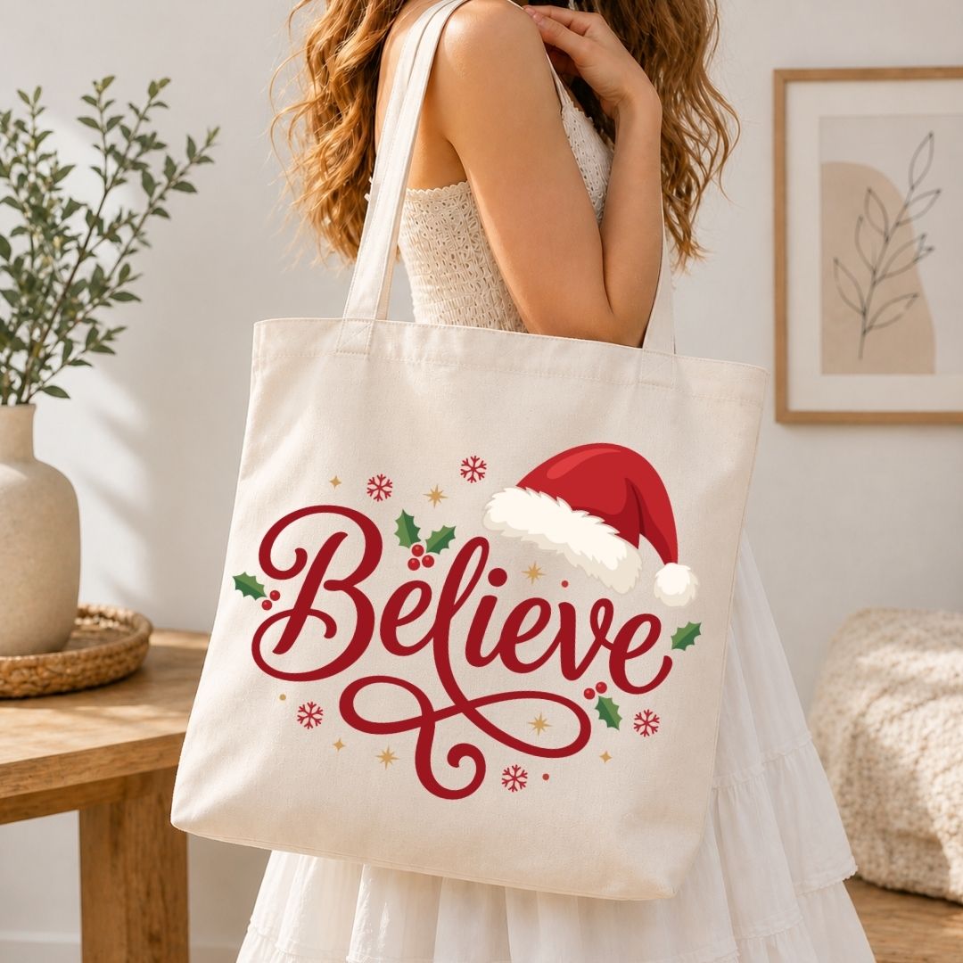 Woman holding a canvas tote bag printed with a festive red "Believe" Christmas graphic.