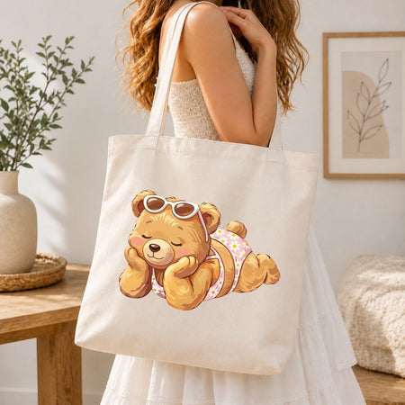 Summer Beach Tote Bag Graphic File, Cute Sunbathing Bear SVG, Poolside Holiday Clipart PNG