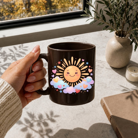 Person holding a black mug with a sun and cloud design on a table with a window and plant in the background.