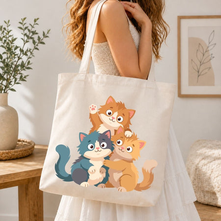 Woman holding a canvas tote bag printed with a cute cartoon cats trio design.