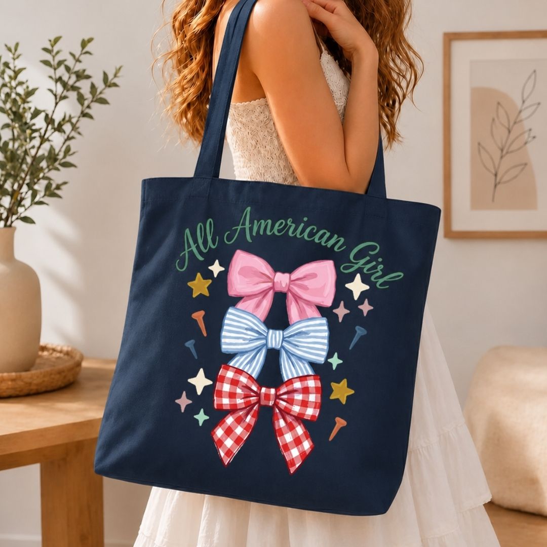 All American Girl Tote Bag File, Summer Beach Bag Graphic SVG, Patriotic Clipart PNG