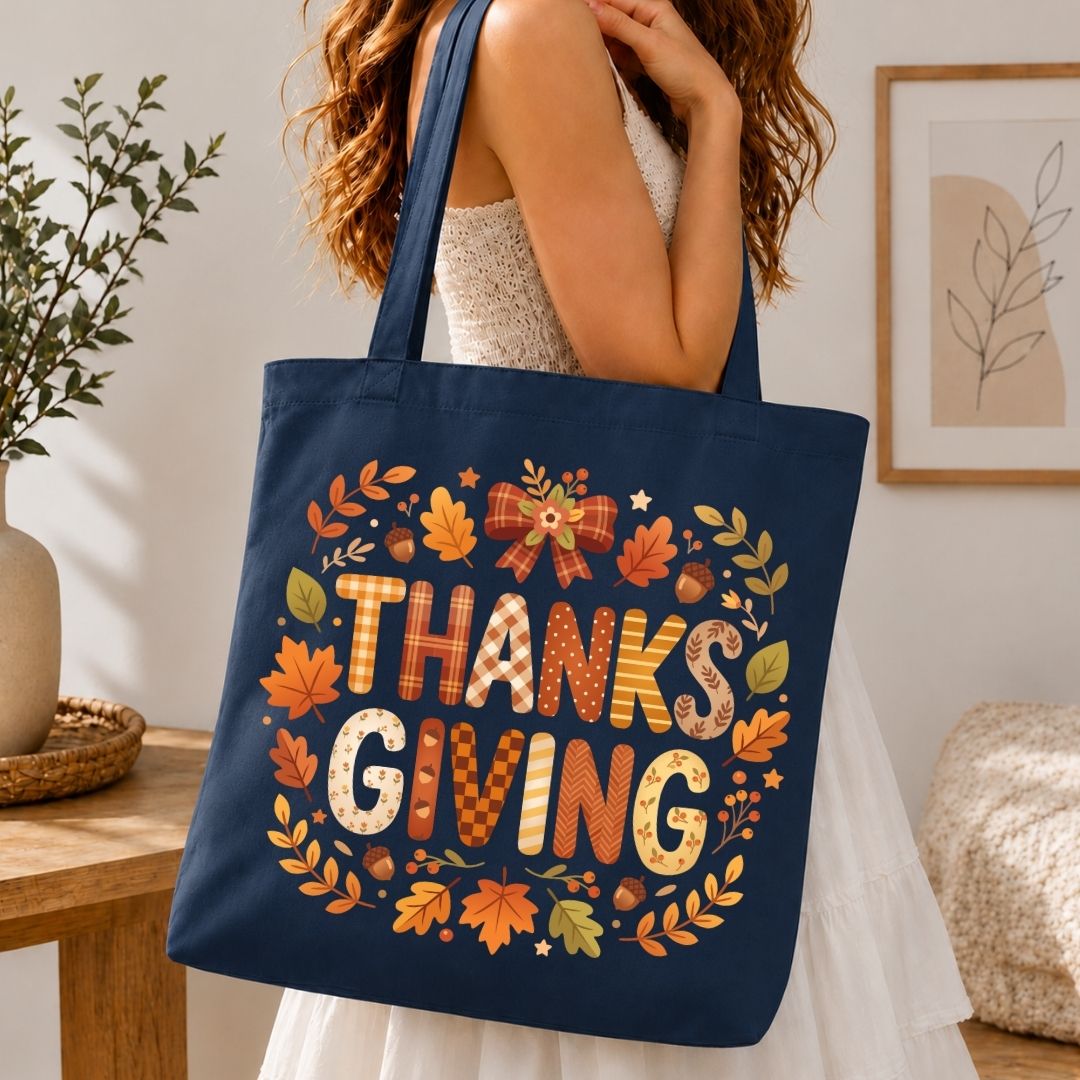 A navy blue canvas tote bag with a 'THANKSGIVING' autumn-themed graphic, carried by a woman in a white dress in a cozy indoor setting.