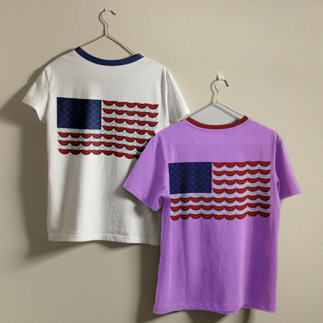 Two t-shirts with American flag design on a beige background