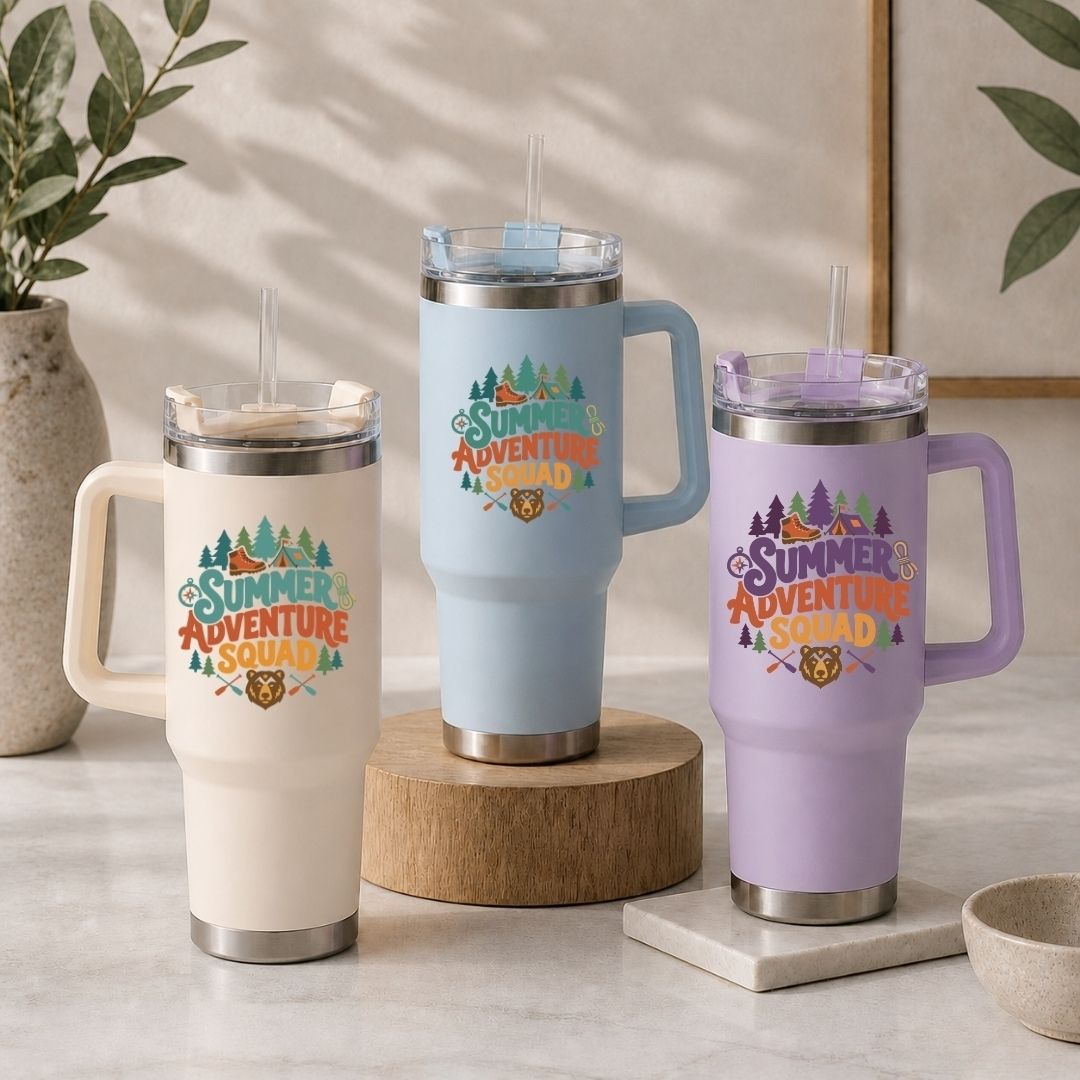 Adventure Squad Travel Tumbler with Handle, Retro Camping 40oz Straw Cup, Insulated Travel Mug for Nature Lovers, Stainless Steel Coffee Tumbler