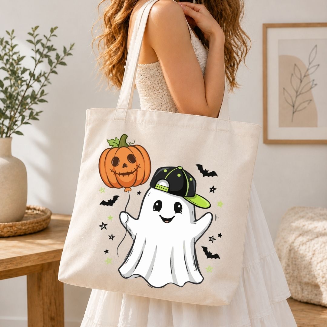 A woman wearing a white dress carries a cream canvas tote bag decorated with a cute cartoon ghost wearing a green and black cap, next to an orange jack-o'-lantern holding a balloon.