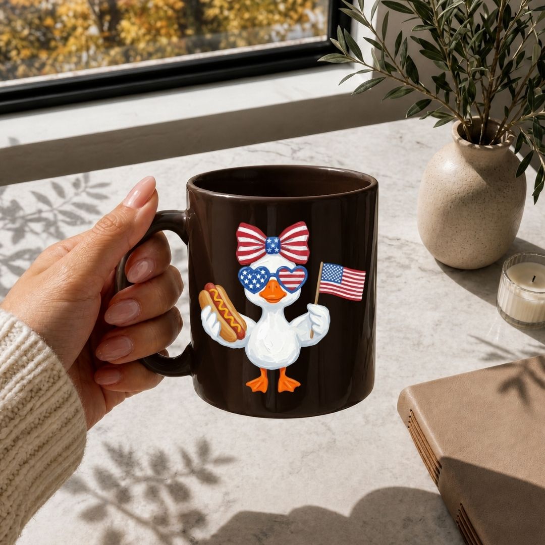 Person holding a brown mug with a cartoon duck design featuring an American flag, sitting on a table with a notebook and plant.