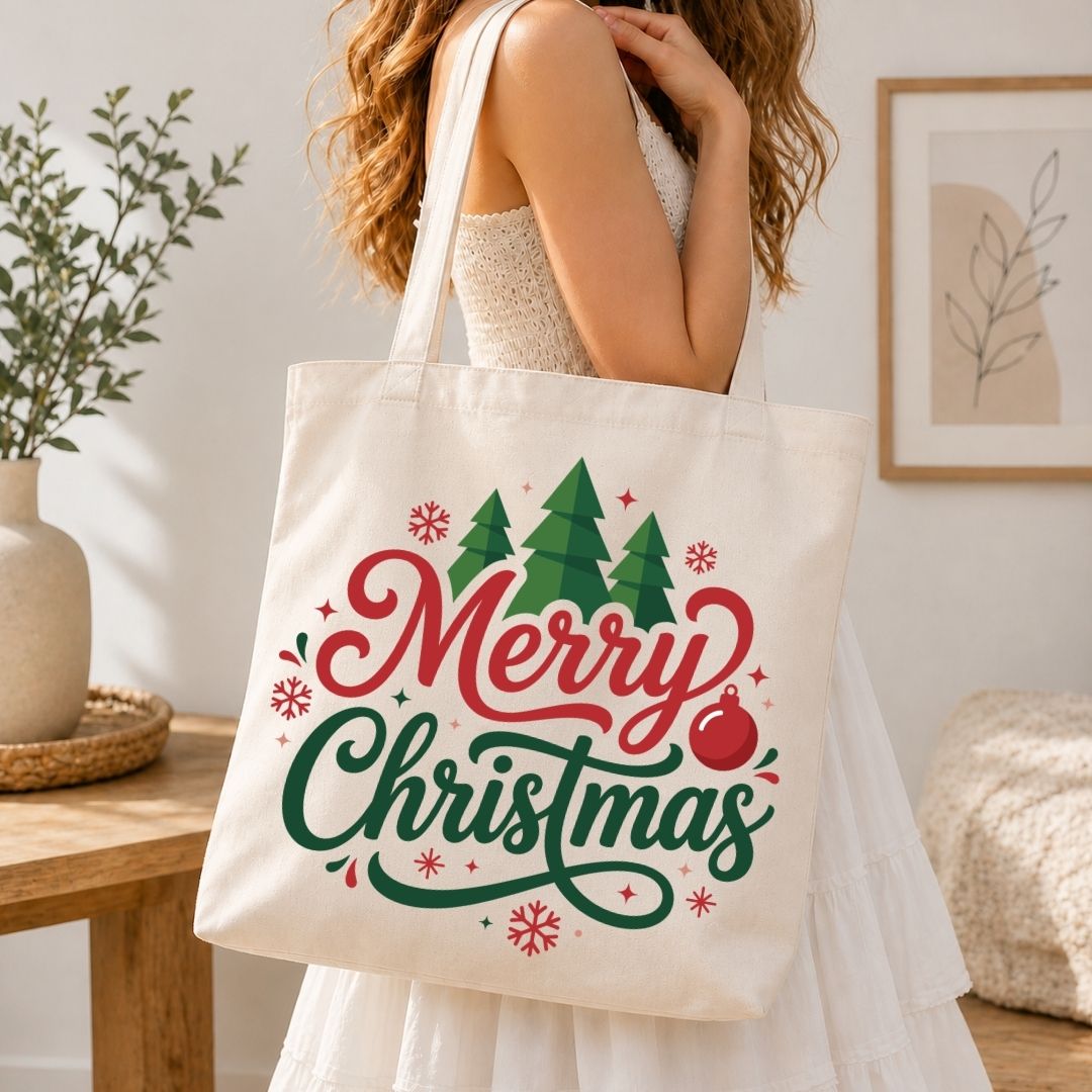 Woman holding a canvas tote bag printed with a "Merry Christmas" typography, pine trees, and snowflake holiday design.