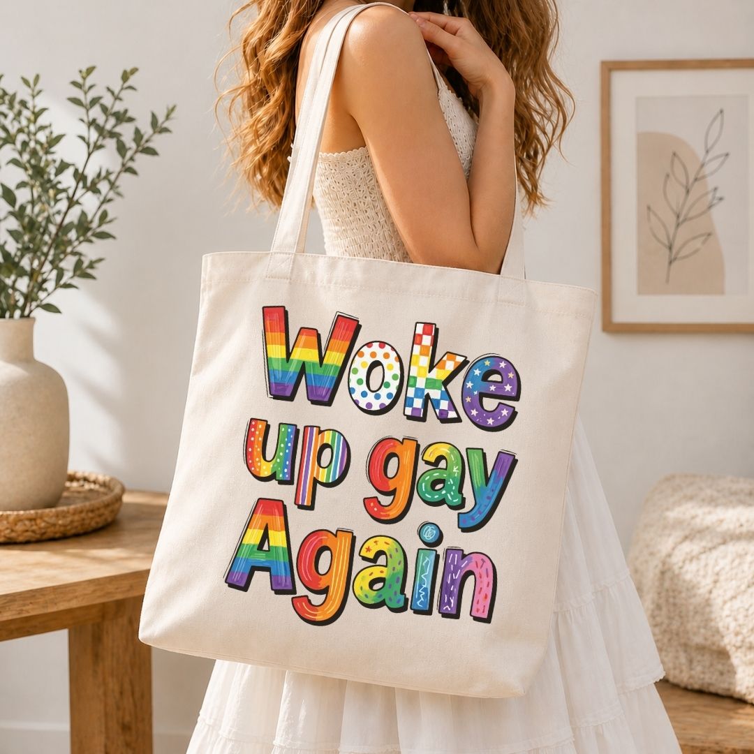 Retro Woke Up Gay Again PNG | Canvas Tote Bag Pride Sublimation Design