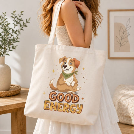A woman in a white dress carries a cream canvas tote bag featuring a cartoon dog wearing a green bandana and the words 'GOOD ENERGY' in large brown letters. The scene is set in a bright, modern room with a wooden table, potted plant, and framed wall art.