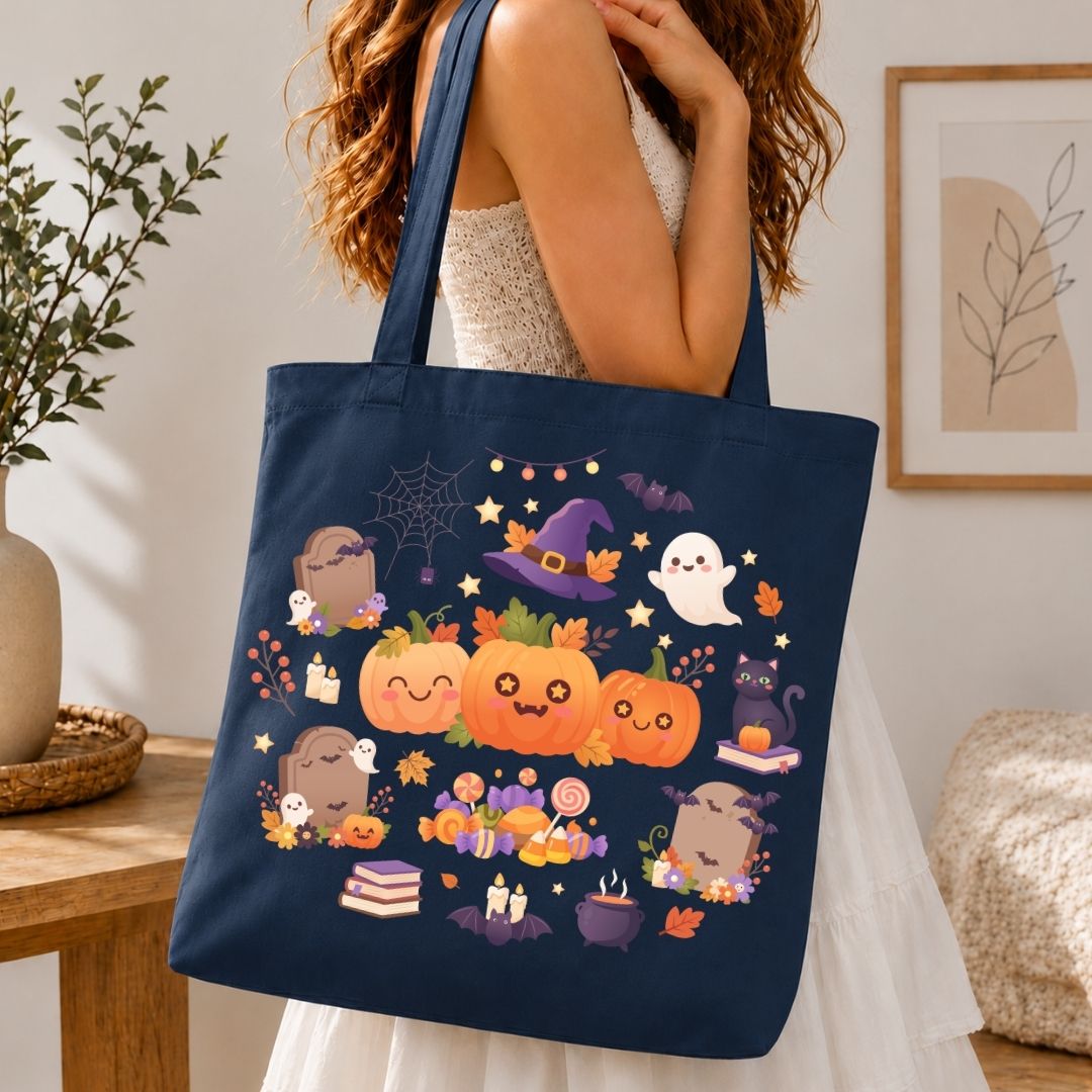 A navy blue canvas tote bag with a colorful cartoon Halloween print, carried by a woman in a white dress in a cozy indoor setting.