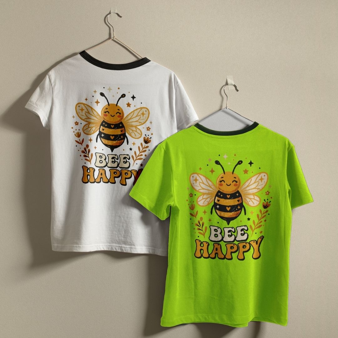 Two t-shirts, one white and one green, with a bee design and 'BEE HAPPY' text on hangers against a beige background.