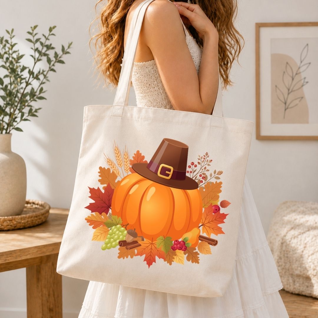 A woman wearing a white dress carries a cream canvas tote bag decorated with a colorful autumn Thanksgiving design featuring an orange pumpkin, brown pilgrim hat, and fall leaves.