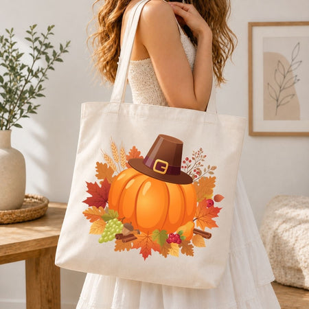 A woman wearing a white dress carries a cream canvas tote bag decorated with a colorful autumn Thanksgiving design featuring an orange pumpkin, brown pilgrim hat, and fall leaves.