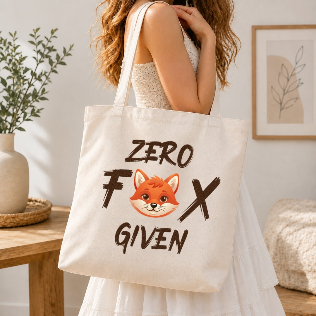 Person holding a tote bag with a fox design and text in a home setting