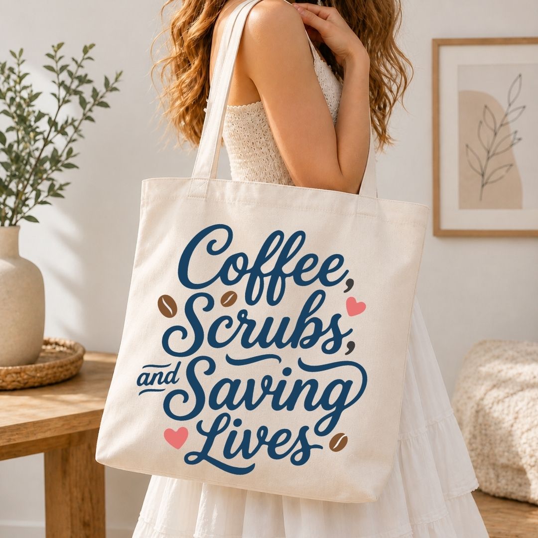 A woman in a white dress carries a cream canvas tote bag with the phrase 'Coffee, Scrubs, and Saving Lives' in blue script, decorated with brown coffee beans and pink hearts, in a bright, modern room.