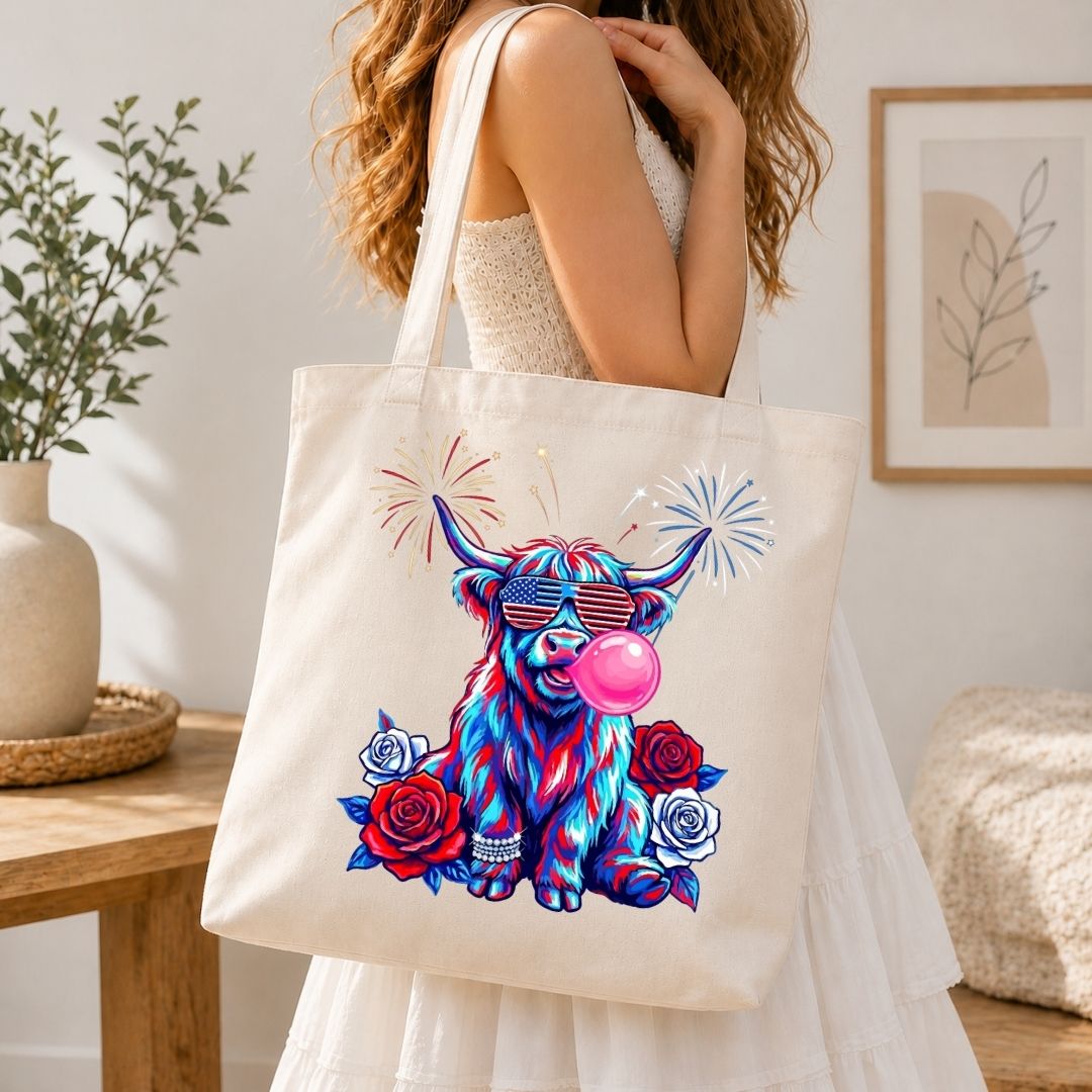 4th of July Tote Bag Design File, Cute Patriotic Cow PNG, Independence Day Festival Clipart