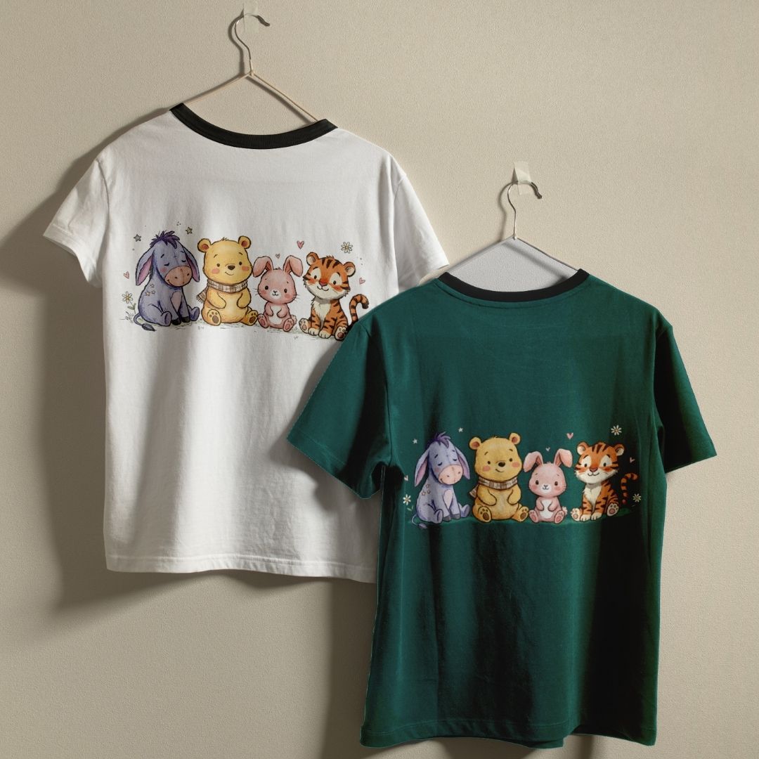 Two t-shirts, one white and one green, with cartoon animal characters on a beige background.
