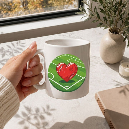 Hand holding a white mug with a heart and football design on a light surface with a window and plant in the background.