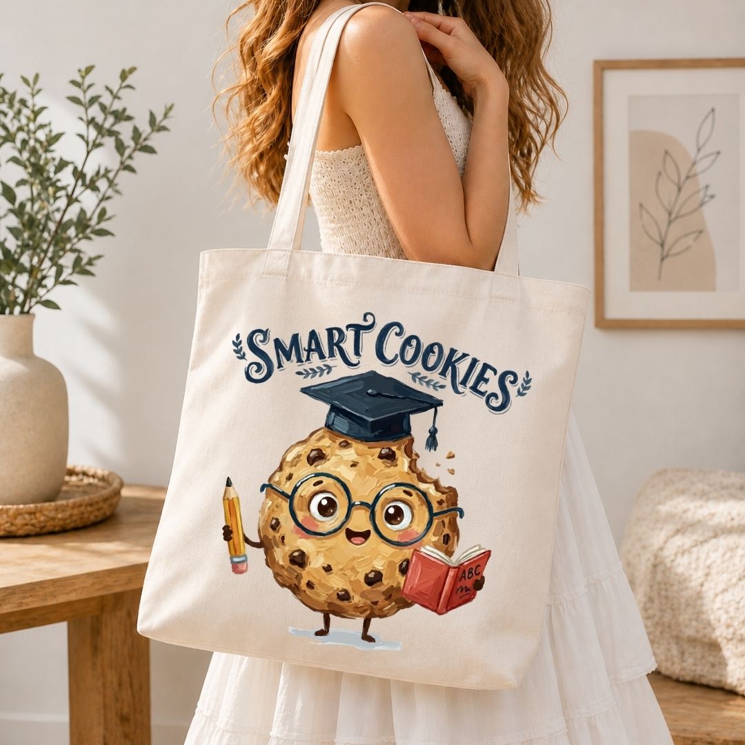 Smart Cookies Canvas Tote Bag, Cute Graduation Cookie Book Bag, Reusable Cotton School Supply Shoulder Bag, Cute Grocery Tote