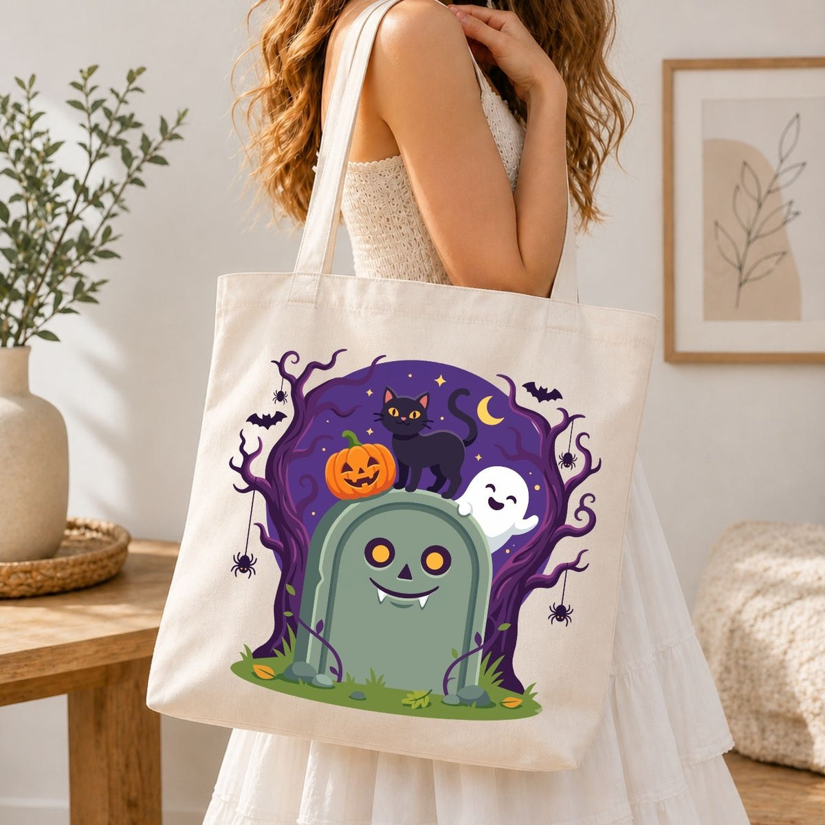 A woman wearing a white dress carries a cream canvas tote bag with a colorful Halloween graphic featuring a green tombstone, orange jack-o'-lantern, black cat, white ghost, and purple tree branches.