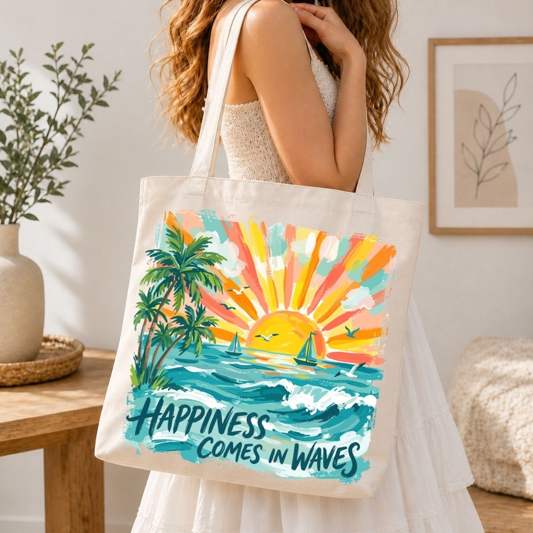 A woman wearing a white dress carries a cream canvas tote bag with a colorful tropical sunset and palm tree illustration. The bag features the text 'HAPPINESS COMES IN WAVES' in dark teal lettering.