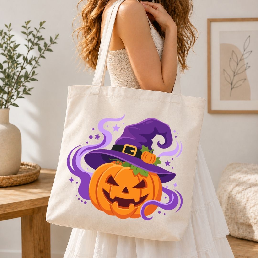A woman wearing a white dress carries a cream canvas tote bag featuring a Halloween design of a jack-o'-lantern pumpkin and a purple witch hat with purple swirls, set against a warm, softly lit indoor background.