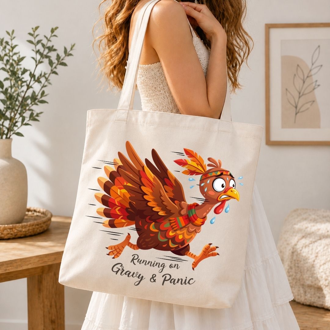 A woman wearing a white dress carries a cream canvas tote bag with a colorful cartoon turkey graphic and the text 'Running on Gravy & Panic'. The scene is set in a bright, modern room with a wooden table, potted plant, and framed wall art.