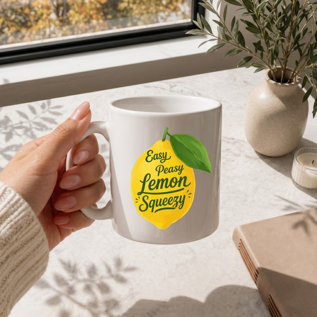 White mug with lemon graphic and text held by a hand on a light surface with a window and plant in the background.