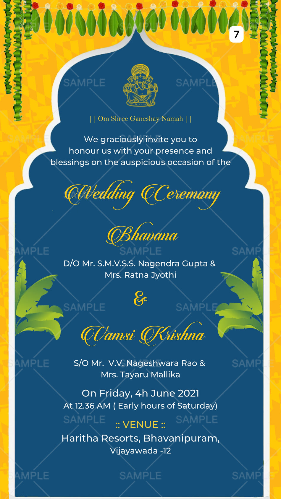 Wedding ceremony invitation card Canva Editable Template of hindu south indian telugu family in english language with Arch theme design 7