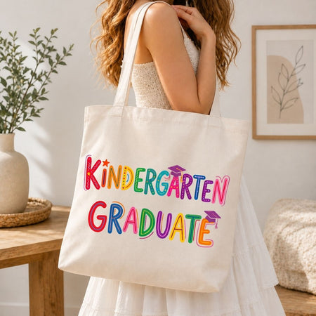 Kindergarten Graduate Canvas Tote Bag, Colorful Preschool Book Bag, Reusable Cotton School Supply Shoulder Bag, Cute Grocery Tote
