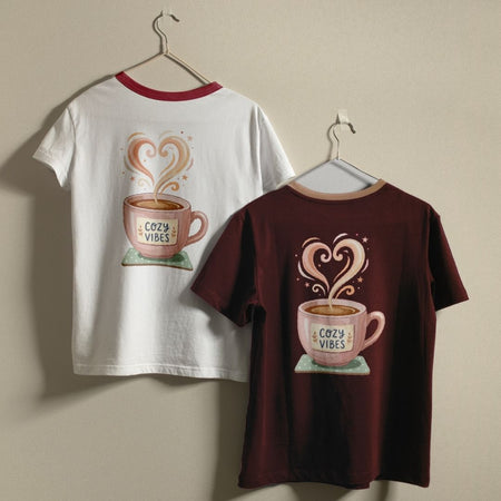 Two t-shirts with a coffee cup design and 'cozy vibes' text on hangers against a beige wall.
