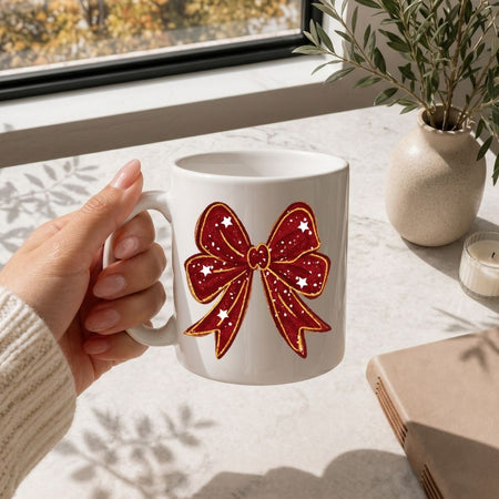 White mug with a red bow design held by a hand on a light surface with a window and plant in the background.