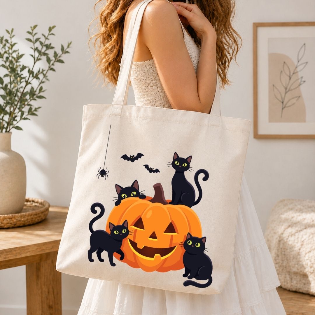 Woman holding a canvas tote bag printed with a cute Halloween black cats, bats, spider, and pumpkin illustration design.