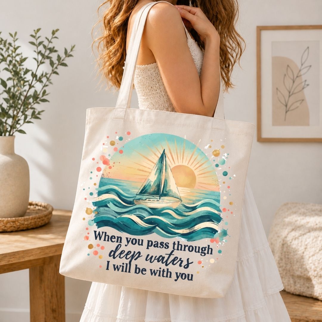 A woman in a white dress carries a cream canvas tote bag with a colorful sailboat illustration and the text 'When you pass through deep waters I will be with you' in a bright indoor setting.