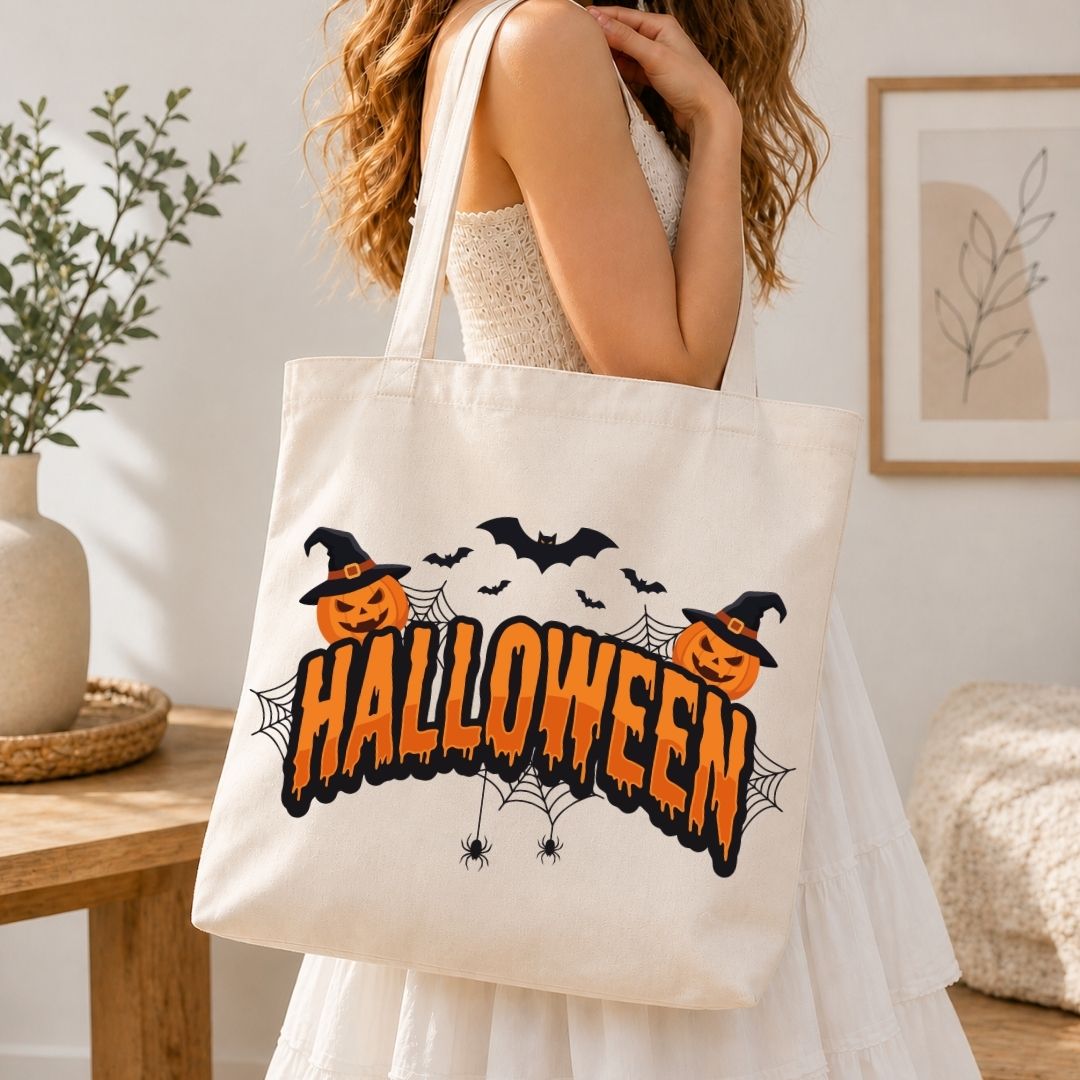 Woman holding a canvas tote bag printed with a "Halloween" typography, witch hats, pumpkins, and spiderweb holiday design.
