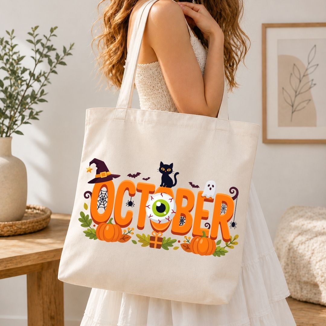Woman holding a canvas tote bag printed with a spooky "October" Halloween graphic featuring an eyeball and pumpkins.