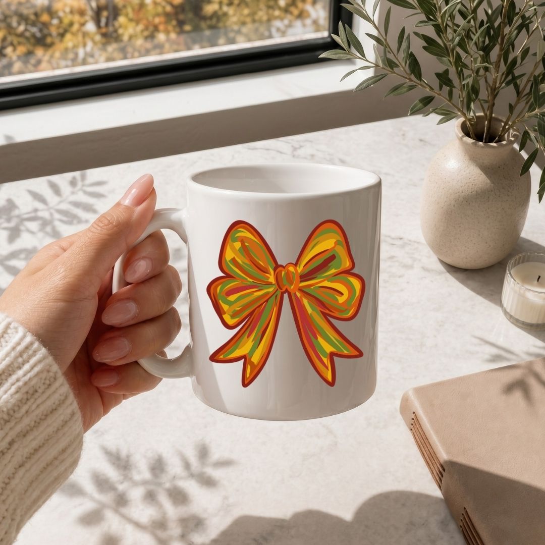 White mug with a colorful bow design held by a hand on a light surface with a window and plant in the background.