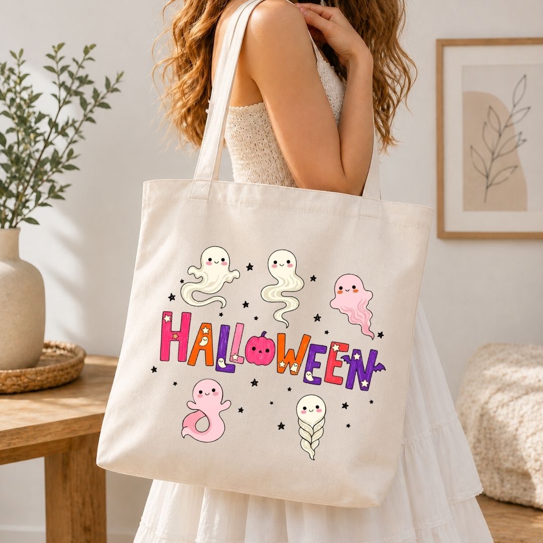 A woman wearing a white dress carries a cream canvas tote bag with a colorful 'Halloween' graphic featuring cute ghosts and stars, set in a warm, softly lit room.