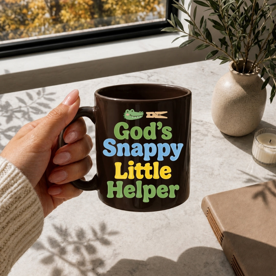 Person holding a mug with 'God's Snappy Little Helper' text on a table with a window and plant in the background